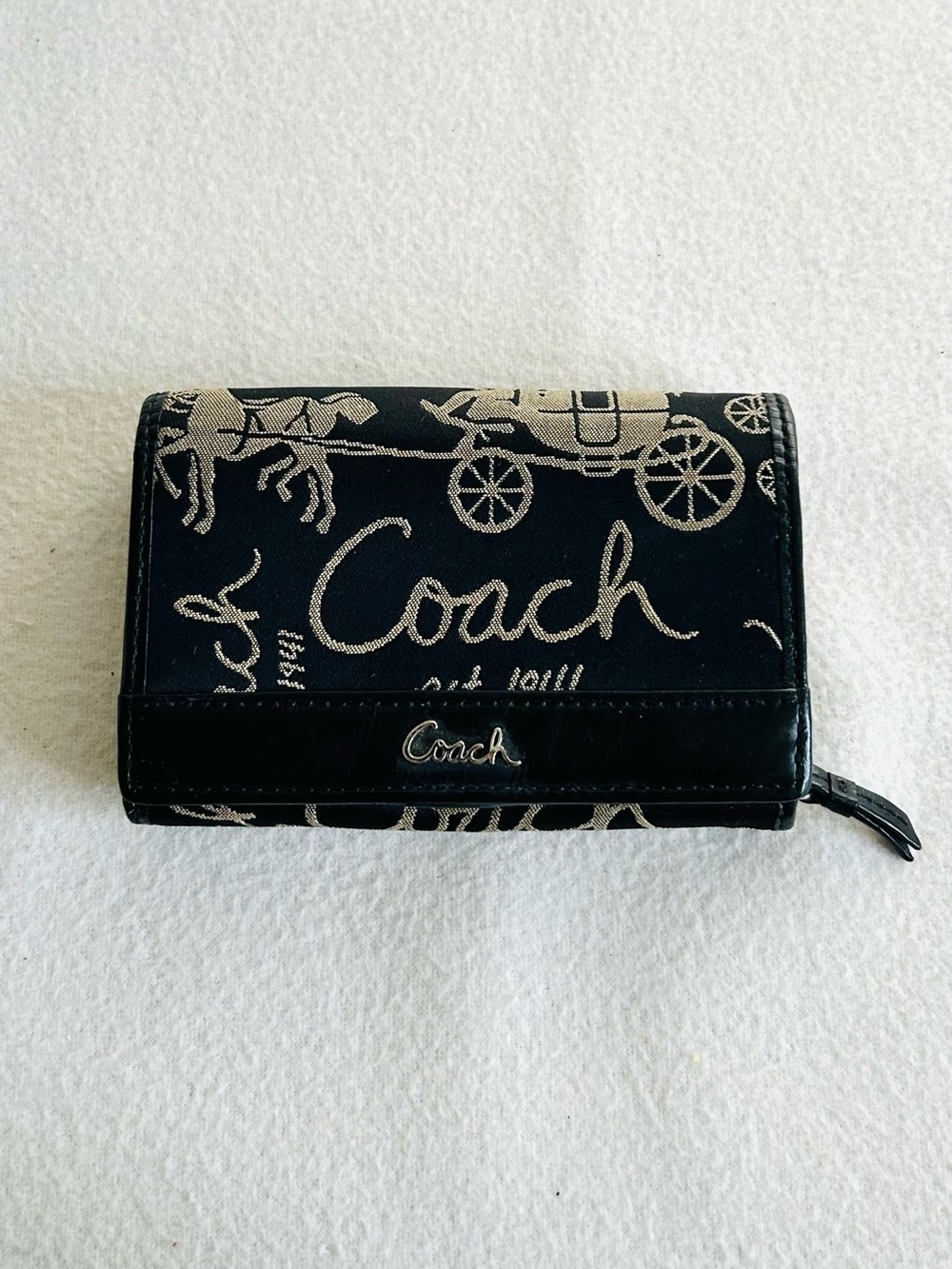 Coach Horse Carriage Print Folding Wallet Black White Logo